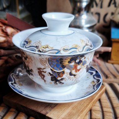 Tasse gaïwan dragon bleu, porcelaine fine