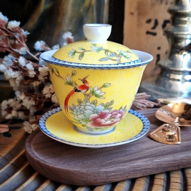 Tasse gaïwan cité interdite jaune imperial, porcelaine fine